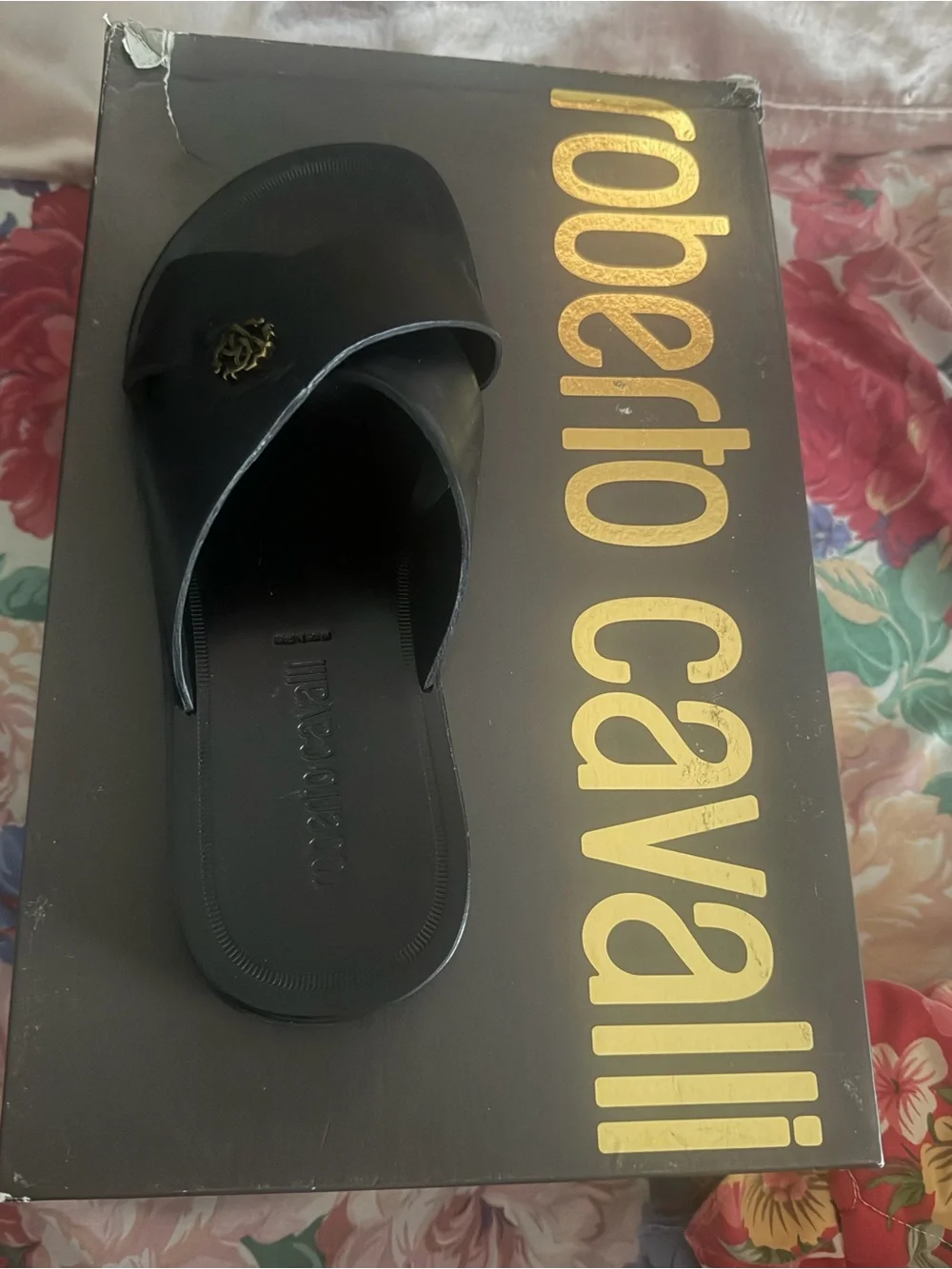 Roberto Cavalli Black Slide Sandals with Gold Emblem